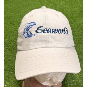 Vintage Sea World Employee Hat Trainer Cap Y2K Embroidered Dolphin Beige Minimal